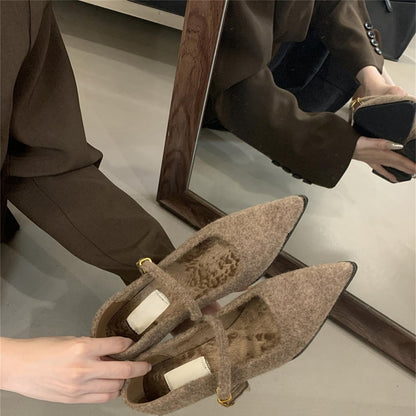 2025  Evening breeze gentle material shallow mouth single shoes velvet one-word buckle Mary Jane shoes pointed thick heel cotton ladyshoes women