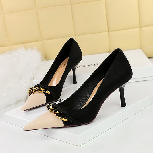 LOVECCR 2025 9283-A2  style banquet women's shoes thin heel high heel light mouth color matching pointed metal chain decorative fashion shoes