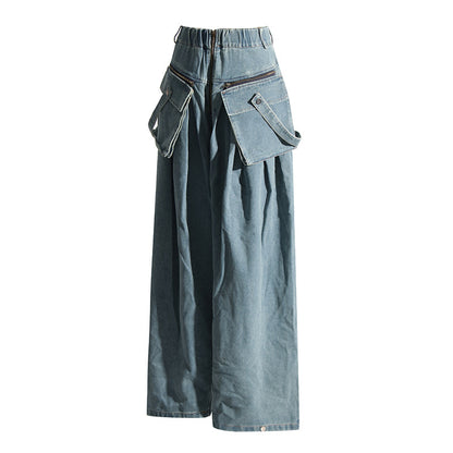 2025 Spring Fashion High Waist Big Pocket Design Sense Wide Leg Pants Loose Small Skinny Tooling Jeans Women