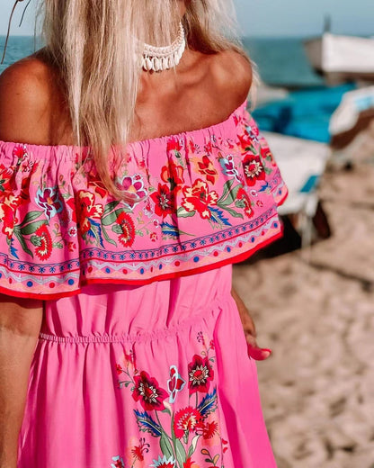 2025 Popularan, 2025n spring and summer independent station 's new one-word shoulder red flower printing long pendulum dress