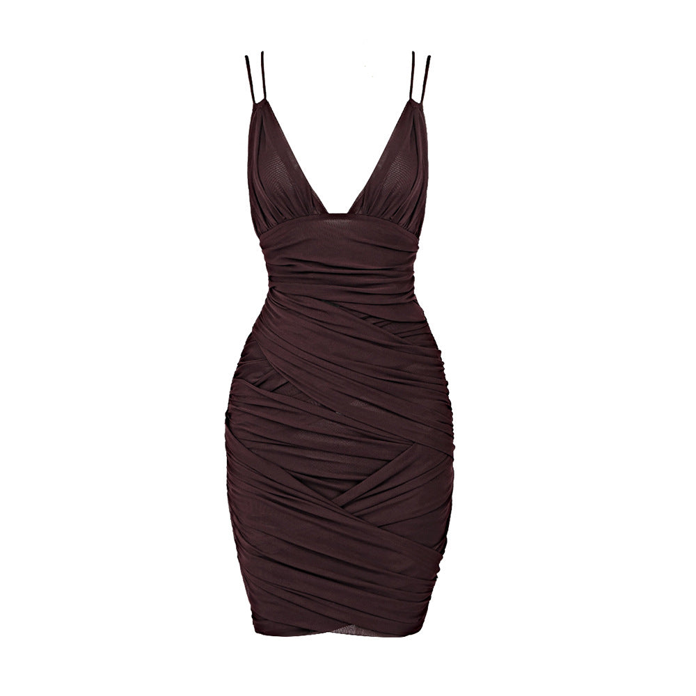 LOVECCR Temperament V-neck suspender hip skirt mesh dress sleeveless 2025 Popular trade New high-end women's clothing showing thin base