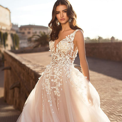 New summer new  women's clothing sexy lace dress sleeveless deep V-neck wedding embroidery, long dress