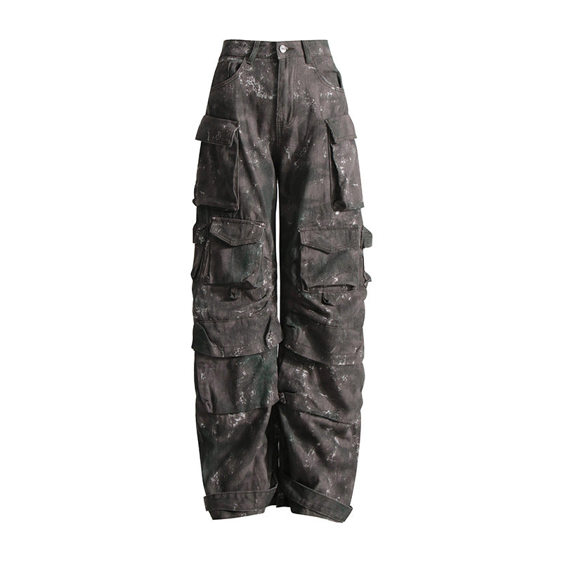 2025 Personalized design street style high waist wide leg pants  spring new fashion tie-dye camouflage multi-pocket overalls
