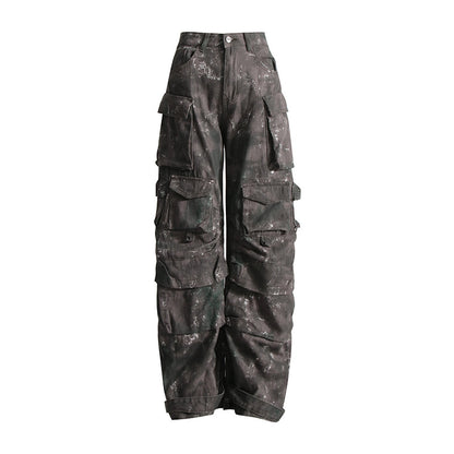 2025 Personalized design street style high waist wide leg pants  spring new fashion tie-dye camouflage multi-pocket overalls
