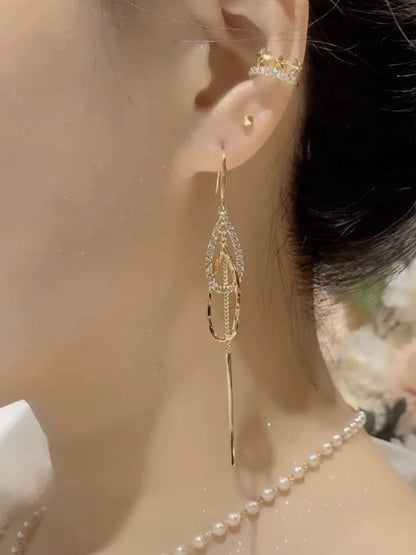 Temperament asymmetrical diamond-set water drop fringed earrings women's versatile face thin earrings light luxury high-end long earrings