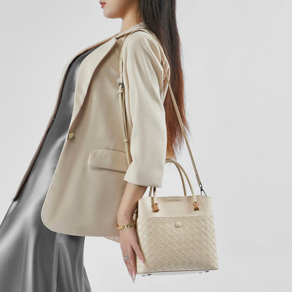 LOVECCR 2025 popular New Large Capacity Tote Bag Women's Leather Woven Shoulder Handbag Premium Commuter Versatile Bucket Bag