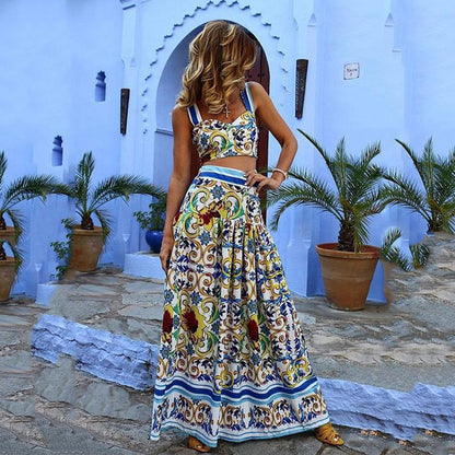 2025 Spring and Summer New  Women's Clothing Sexy Temperament Suspender Printed Dress Set Beach Dress Two-piece Pack
