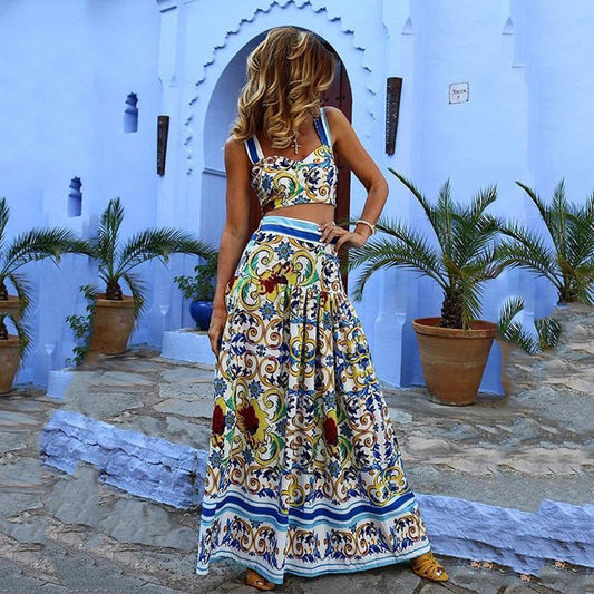 2025 Spring and Summer New  Women's Clothing Sexy Temperament Suspender Printed Dress Set Beach Dress Two-piece Pack