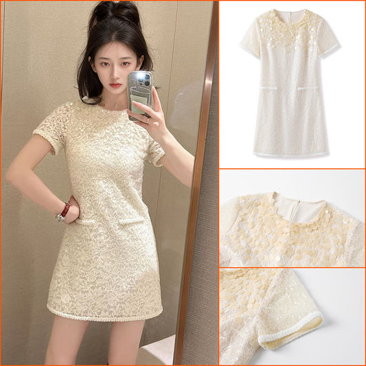 summer new white sequined dress temperament high sense light luxury niche design skirt M4048