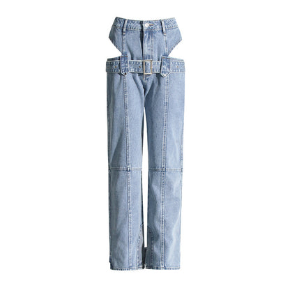 2025 new waist straight pants, fashionable design overalls, trousers, washed jeans, women's spring