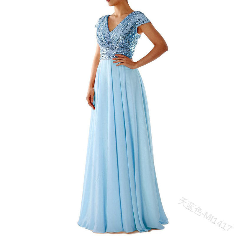 New new spring and summer  women's sleeveless dress V-neck sequined temperament chiffon splicing evening dress