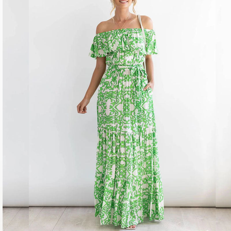2025 2025 New new independent station  dress women's one-word shoulder short-sleeved printed ruffle edge long dress