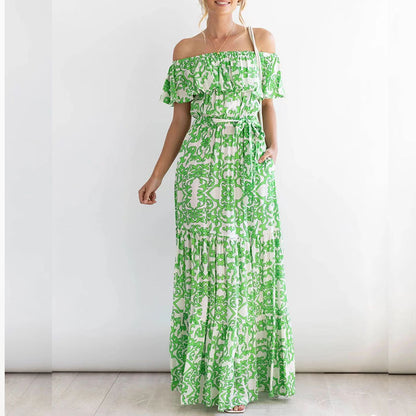 2025 2025 New new independent station  dress women's one-word shoulder short-sleeved printed ruffle edge long dress