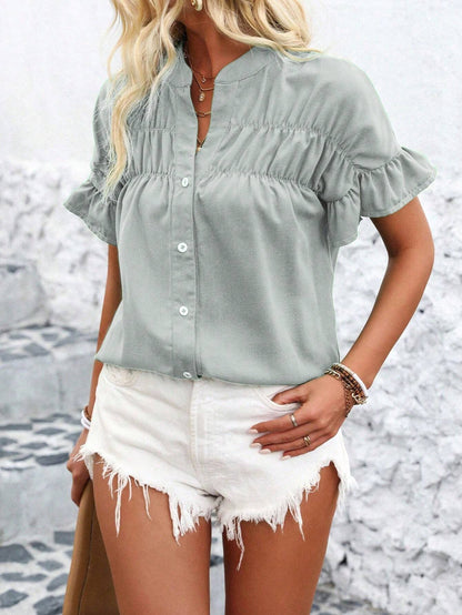 2025 Popular trade women's clothing  casual short-sleeved pleated shirt button solid color cotton and linen stand-up collar shirt women
