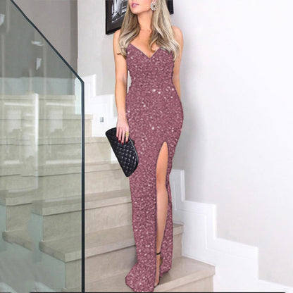 New summer new  women's clothing high-waisted sexy fashion dress suspender sequined split dress
