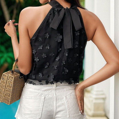 LOVECCR popular spring and summer new three-dimensional organza applique shirt  popular sleeveless lace-up neck top women