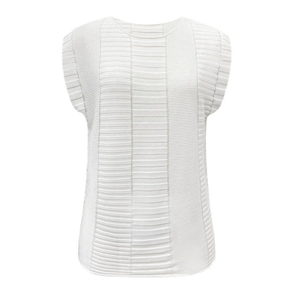 Miyake summer breathable solid color knitted sweater fashionable sleeveless T-shirt loose waist striped thin casual top women's summer