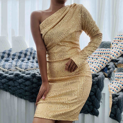 Cross-border Popular trade  single shoulder dress diagonal neck chest wrap evening dress fashion sequins nightclub sexy women's clothing