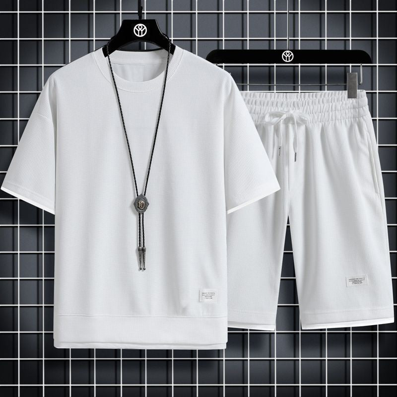 Shirt Less Clothing Waffle Sports Leisure Suit Men's in Stock Wholesale Hong Kong Style Loose False Two Pieces Short Sleeve Shorts