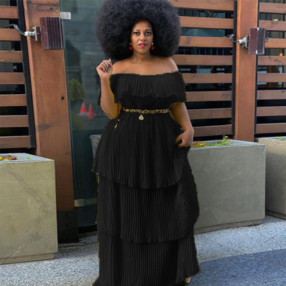 New dress yellow chiffon one-word shoulder halter slim beach vacation pleated long dress dress