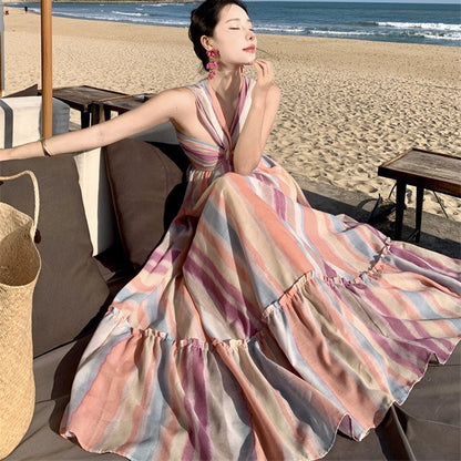 2025 Dopamine wear rainbow stripes candy color tie-dye gradual change backless dress seaside vacation neck dress women