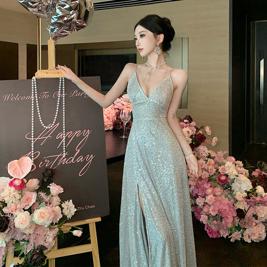 2025 Muse Fan Blue Sequin Dress Women's Summer Seaside Vacation Hepburn Style Premium Split Dress Suspender Long Dress