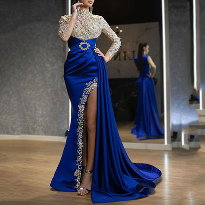 Popular trade new  women's dress blue sprinkled gold split splicing semi-turtleneck evening dress