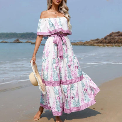2025 Popular trade spring and summer  independent station wish new one-word shoulder printing long pendulum dress