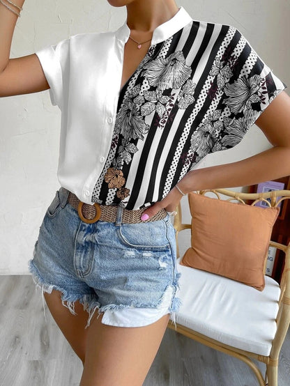 2025 Popular, ,  New women's clothing summer new double-spell contrasting color flower button cardigan short-sleeved shirt women