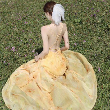 2025 Super fairy atmosphere vacation wind sun smudged yellow halter suspender dress summer travel beach photo dress
