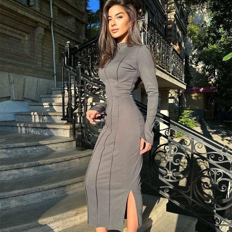 LOVECCR 2025 2023 autumn new  New Popular trade semi-turtleneck pit strip long-sleeved skirt thin waist dress women