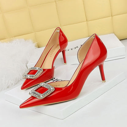 LOVECCR 2025 638-AK32  style banquet women's shoes high heel glossy patent leather shallow mouth pointed side hollow rhinestone buckle single shoes women