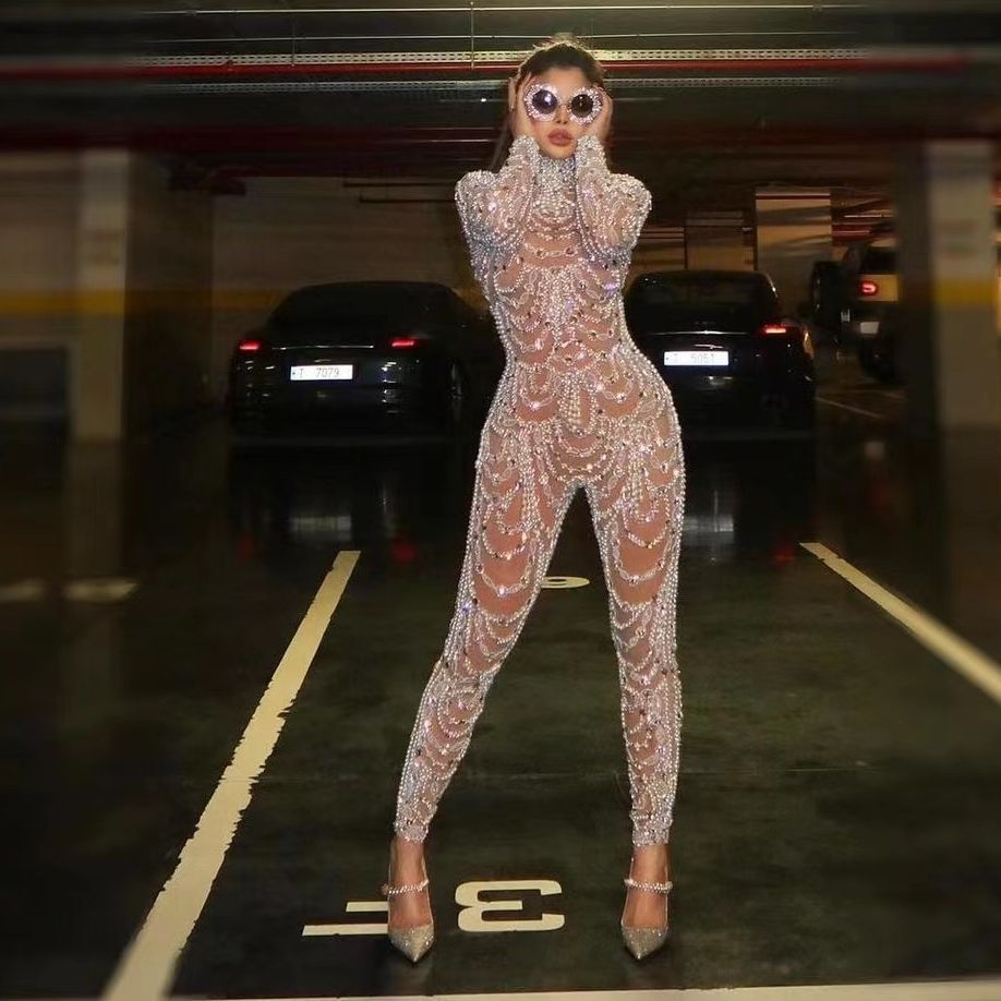 New new  women's clothing  dress slim and thin perspective sequins sexy jumpsuit trousers