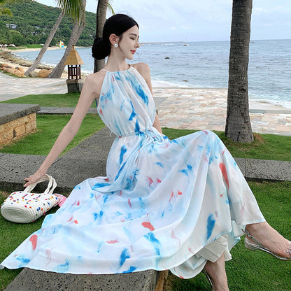 2025 Dopamine wear skirt summer thin chiffon skirt new seaside vacation oil painting high-end neck dress