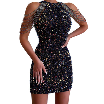 Spring   new sexy fashion neck off-the-shoulder fringed hip-wrapped crystal splicing sequin dress