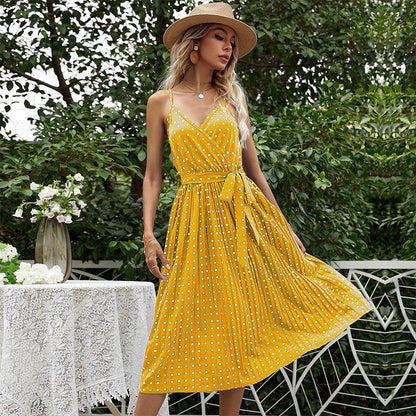 LOVECCR summer explosion 2025 chiffon medium and long strap polka dot v-neck suspender pleated dress women