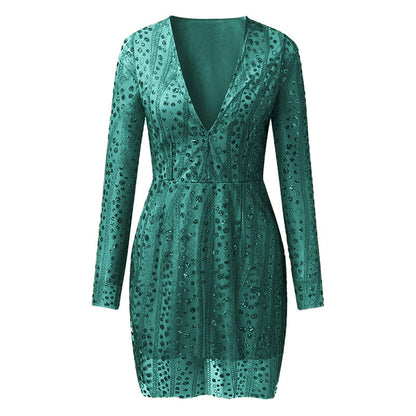 new New  women's ebay dress deep V perspective long-sleeved short dress sprinkled with gold dress