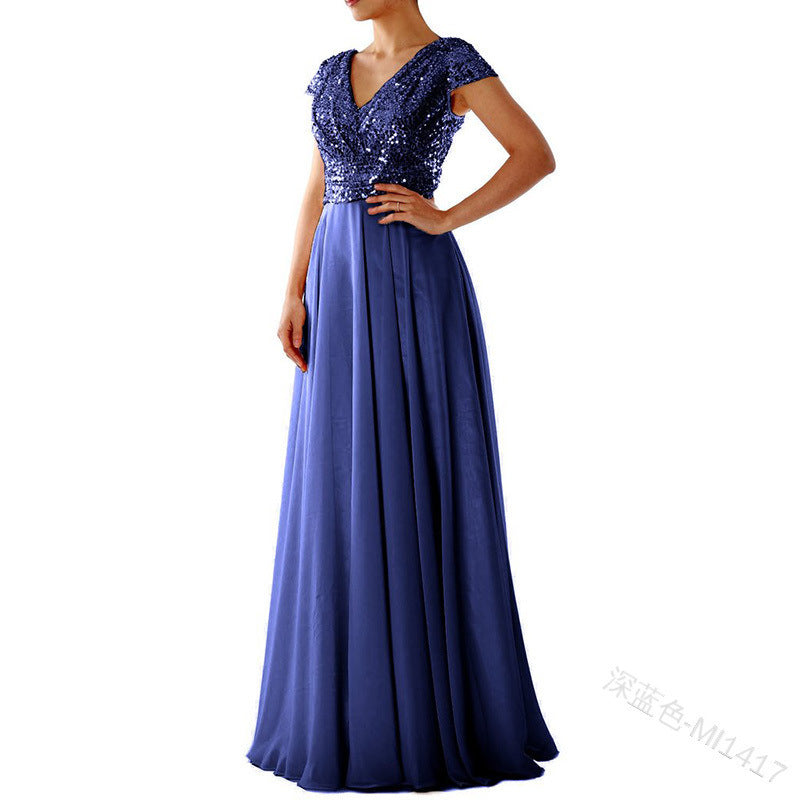 New new spring and summer  women's sleeveless dress V-neck sequined temperament chiffon splicing evening dress