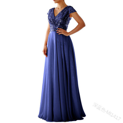 New new spring and summer  women's sleeveless dress V-neck sequined temperament chiffon splicing evening dress
