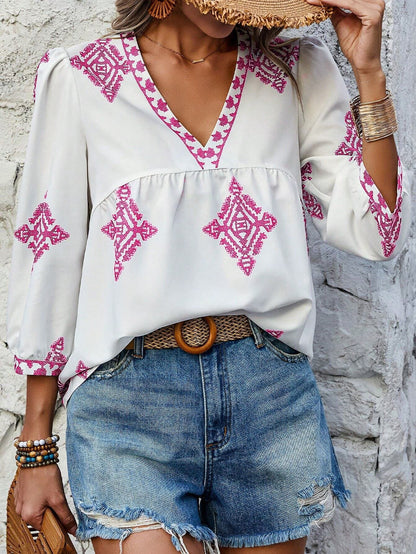 2025 Popular, ,  New women's clothing summer new fashion printed bag seven-quarter sleeve V-neck women's top
