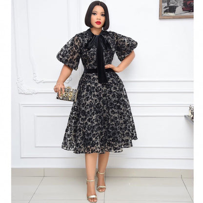summer new temperament stand-up collar black flocking encrypted mesh waist lace splicing fashionable and thin dress