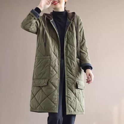 popular autumn and winter new medium and long versatile cotton clothes fashionable and simple diamond thickened jacket hooded splicing cotton-padded clothes women