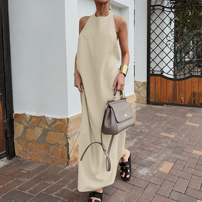 2025 Casual sexy summer lace-up halter fashion dress long dress Russian cotton and linen breathable khaki long dress women's clothing