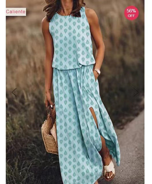 New spring and summer new  Popular trade women's clothing round neck sleeveless dress split fork solid color casual commuter dress