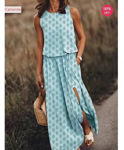 New spring and summer new  Popular trade women's clothing round neck sleeveless dress split fork solid color casual commuter dress