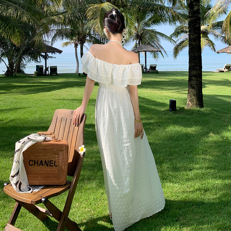 2025 Summer Heavy Industry  Shoulder Fairy Vacation Dress Off Shoulder Palace Style Ruffle Edge White Muse Fan Dress