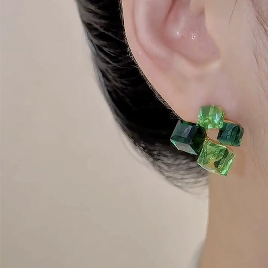 Temperament green zircon crystal square stud earrings women's 925 silver needles exquisite versatile light luxury high-end earrings earrings