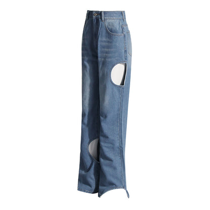 2025 Fashion and casual high-end straight-leg pants  spring new high-waisted hollow design women's jeans