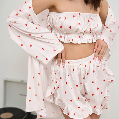 LOVECCR 2025 winter pajamas love printing fungus edge tube top long sleeve ruffle edge shorts three-piece women's loungewear
