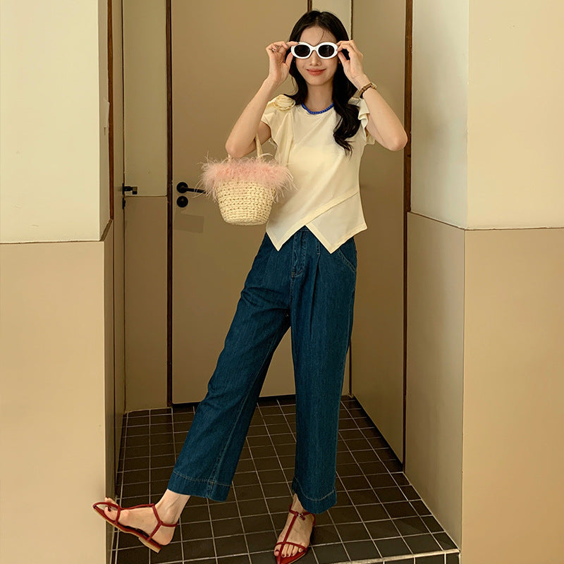 Summer 2024 Korean Style Elegant Slimming and Straight Jeans Cropped Wide-Legged Jeans for Women 11523